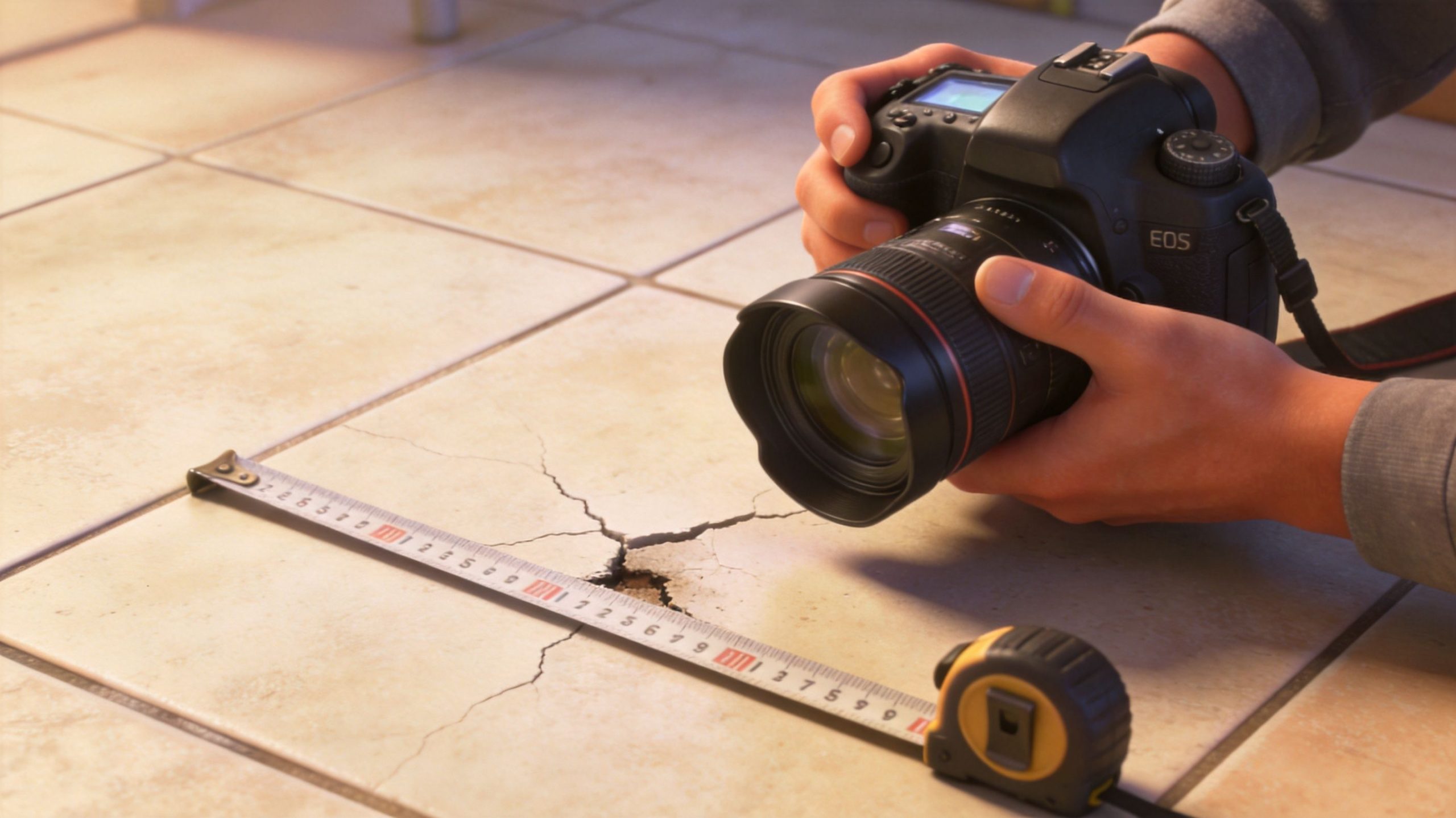 A person using a DSLR camera to photograph a crack in a tiled floor next to a tape measure.