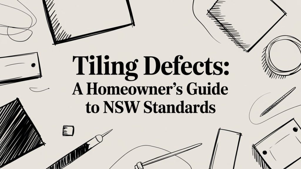 Title slide: 'Tiling Defects: A Homeowner’s Guide to NSW Standards' with sketchy tool doodles around the edges