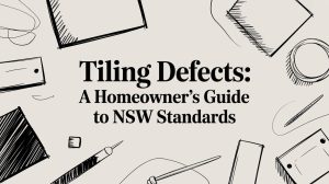 Title slide: 'Tiling Defects: A Homeowner’s Guide to NSW Standards' with sketchy tool doodles around the edges