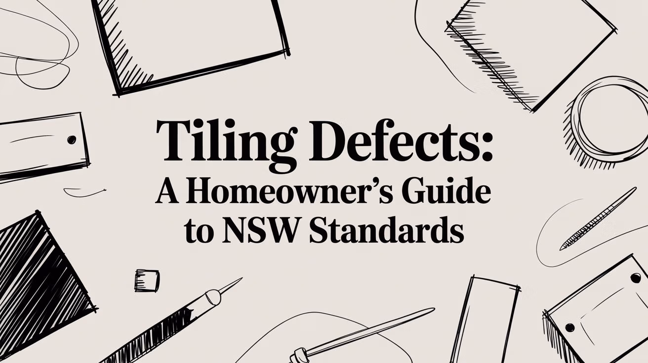 Title slide: 'Tiling Defects: A Homeowner’s Guide to NSW Standards' with sketchy tool doodles around the edges