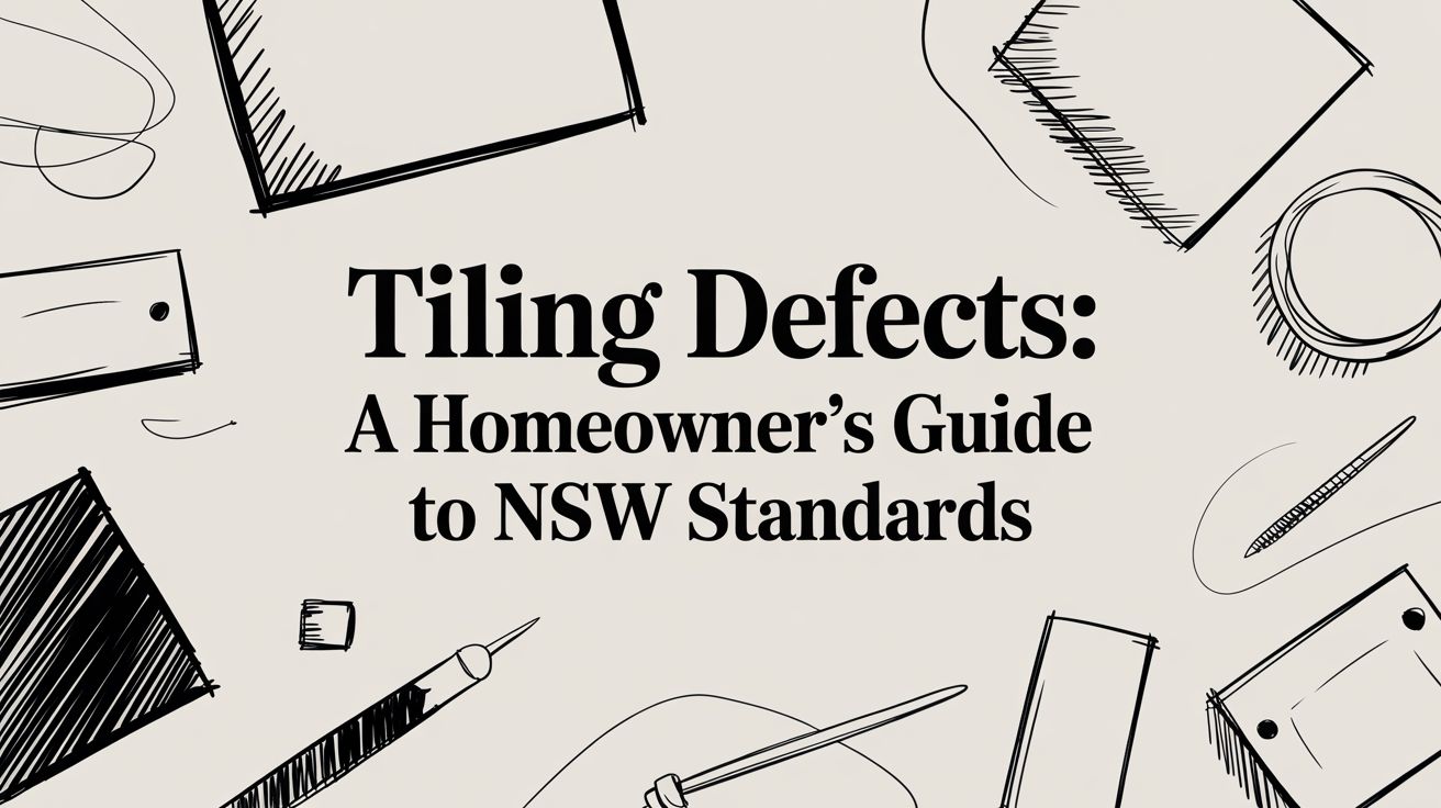 Title slide: 'Tiling Defects: A Homeowner’s Guide to NSW Standards' with sketchy tool doodles around the edges