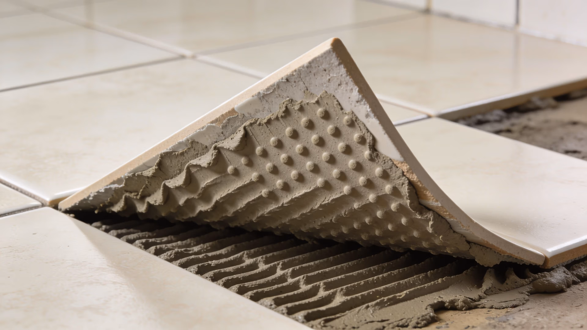 A ceramic floor tile lifted to reveal mortar ridges and poor contact on the subfloor surface.