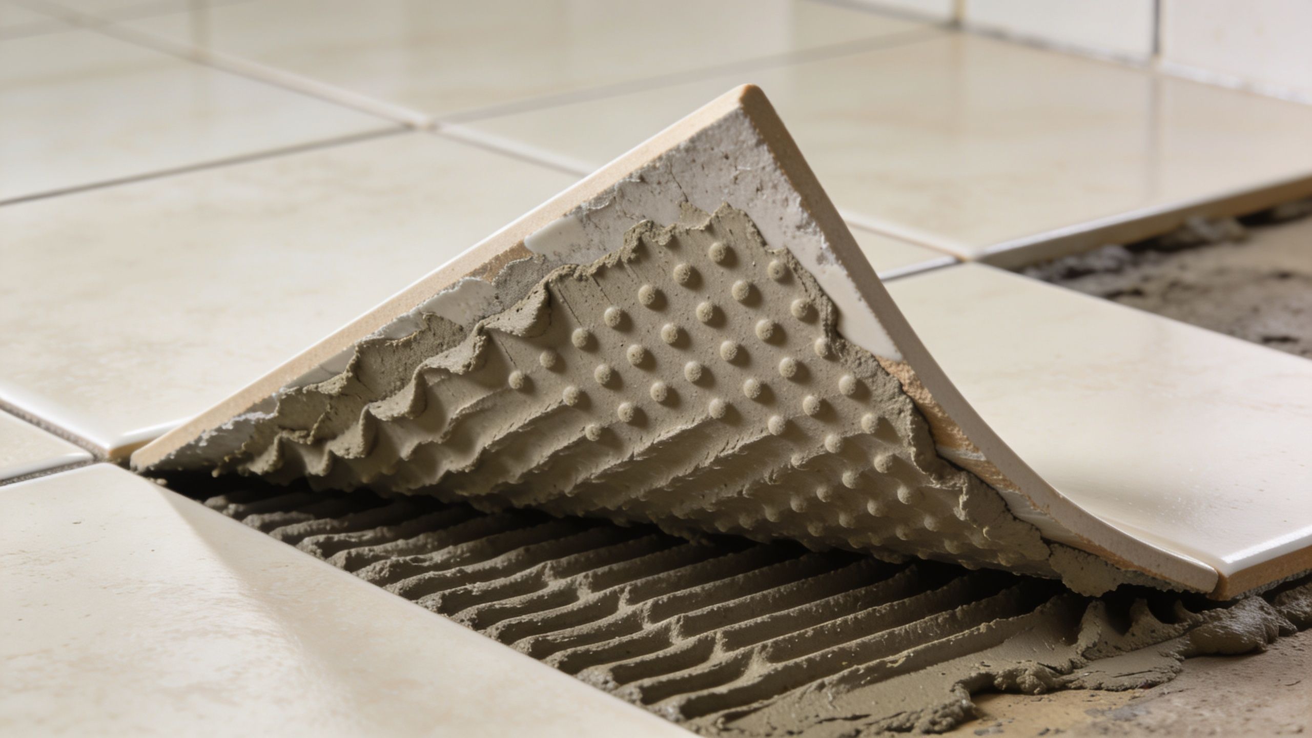 A ceramic floor tile lifted to reveal mortar ridges and poor contact on the subfloor surface.