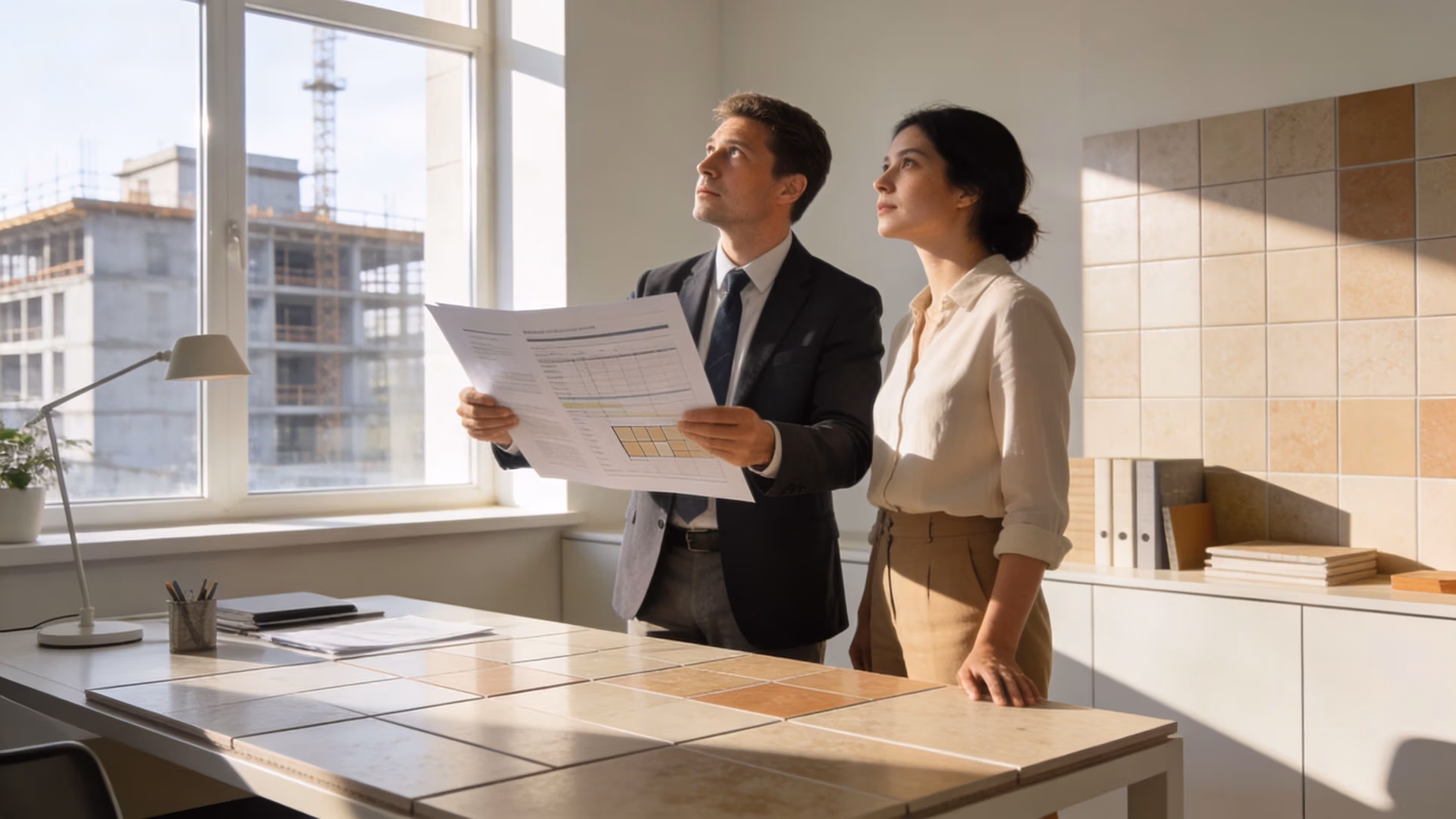 A professional man and woman looking at blueprints while standing in a bright office with tiled surfaces.
