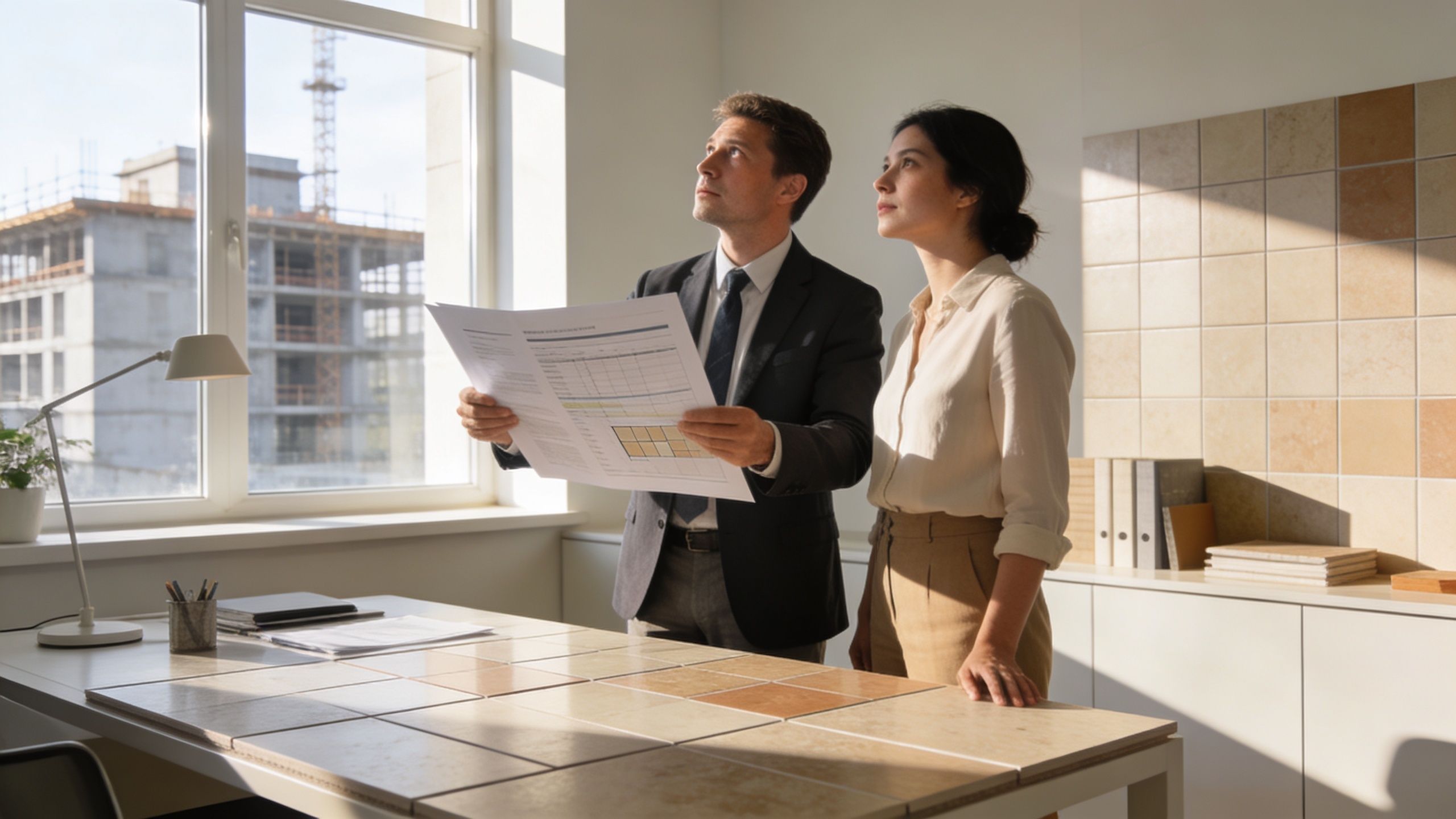 A professional man and woman looking at blueprints while standing in a bright office with tiled surfaces.