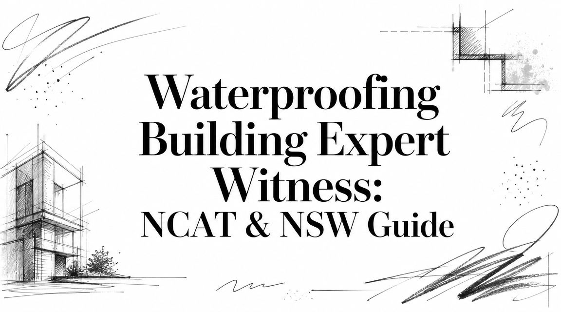 Bold title: 'Waterproofing Building Expert Witness: NCAT & NSW Guide' with architectural sketches and construction drawings around, representing a guide cover.