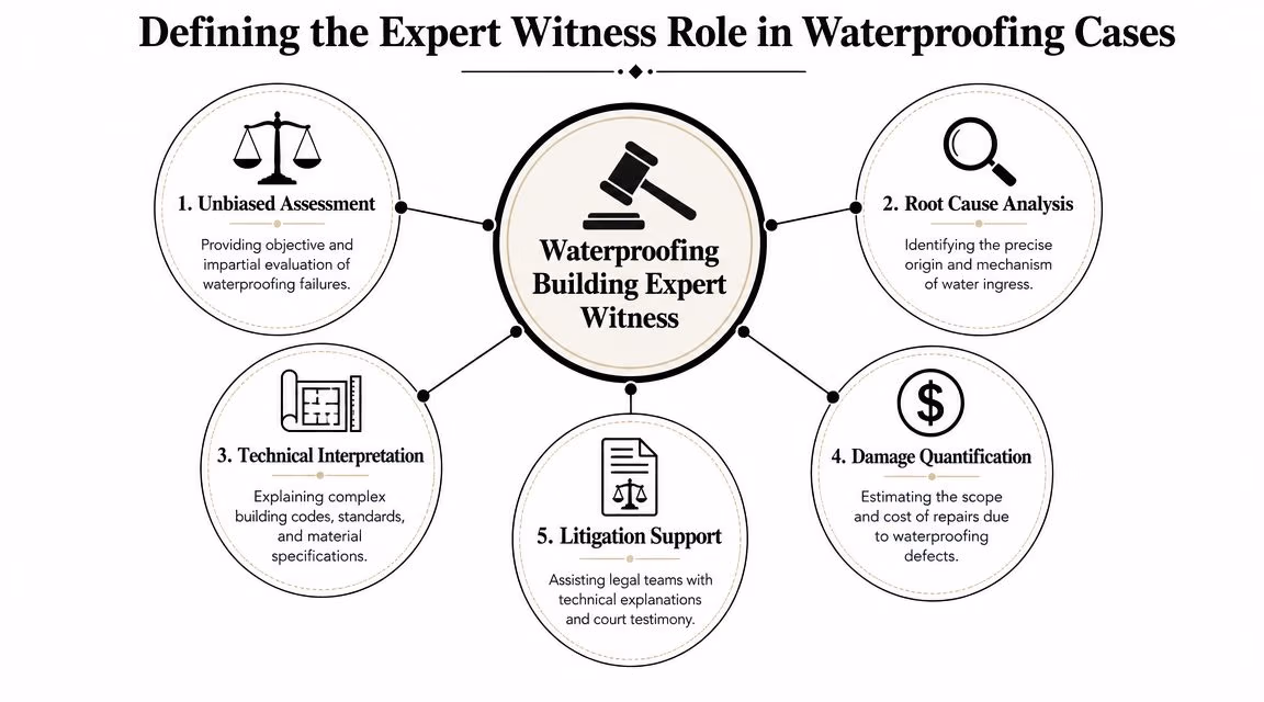 An infographic detailing five key roles of a waterproofing building expert witness in construction legal cases.
