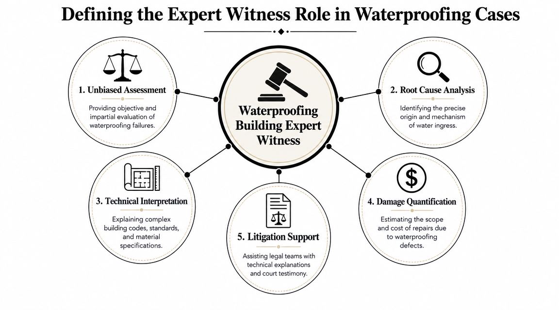 An infographic detailing five key roles of a waterproofing building expert witness in construction legal cases.