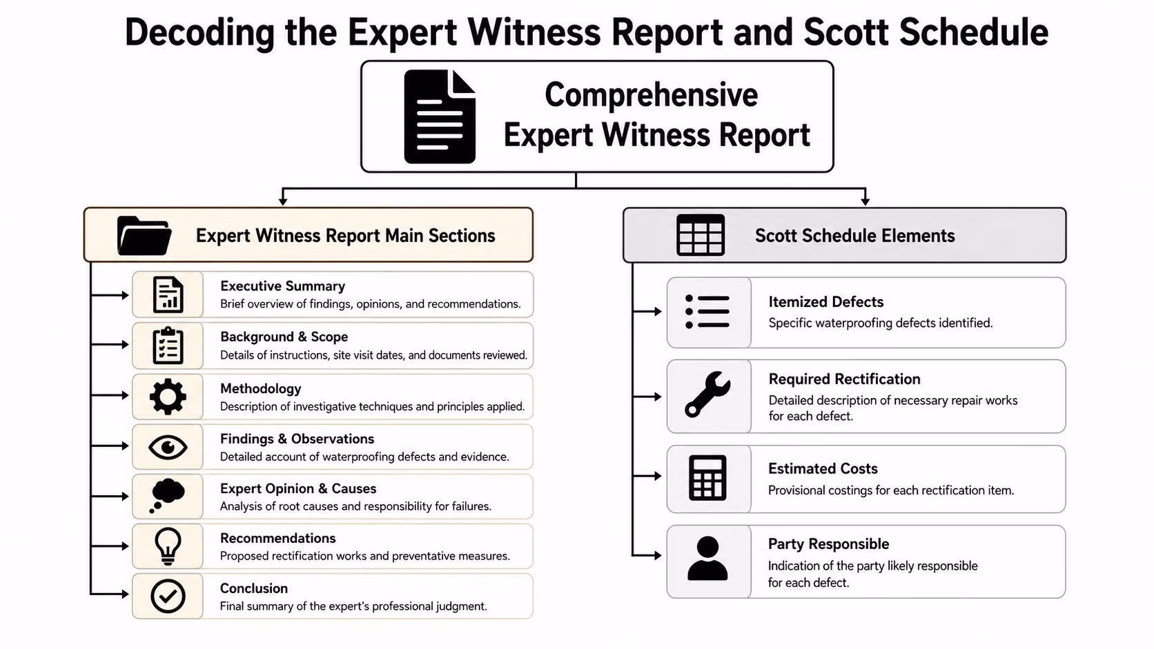 A diagram outlining the structure of an expert witness report and a Scott Schedule for waterproofing defects.