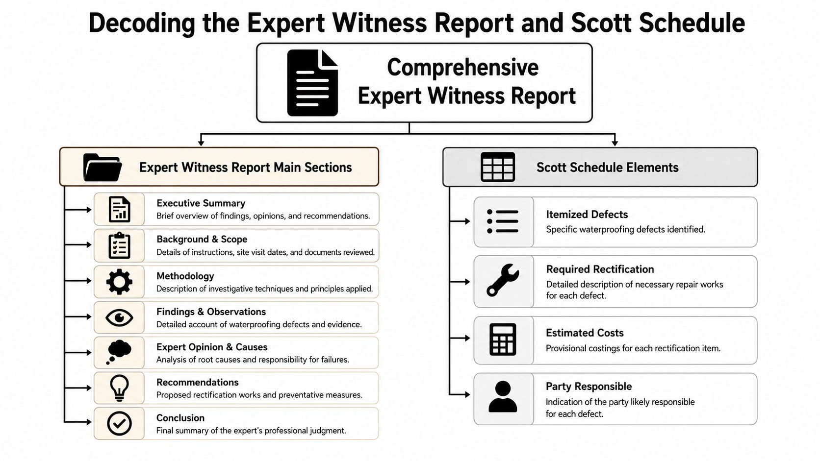 A diagram outlining the structure of an expert witness report and a Scott Schedule for waterproofing defects.