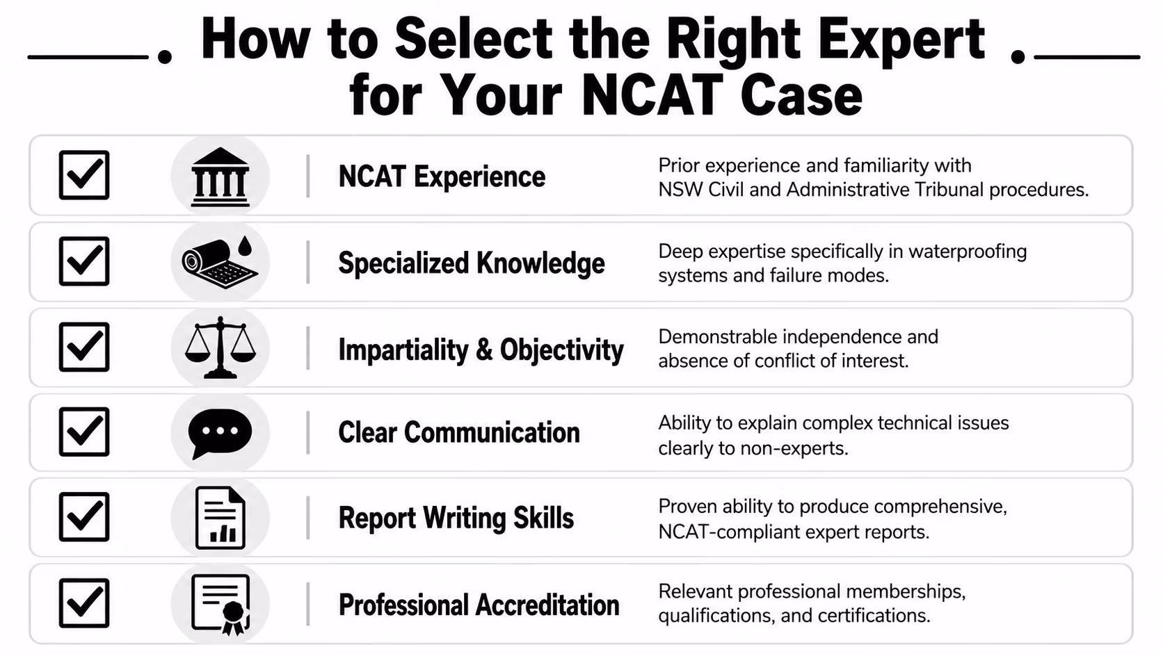 A list of six key criteria for selecting the right waterproofing expert witness for NCAT cases.