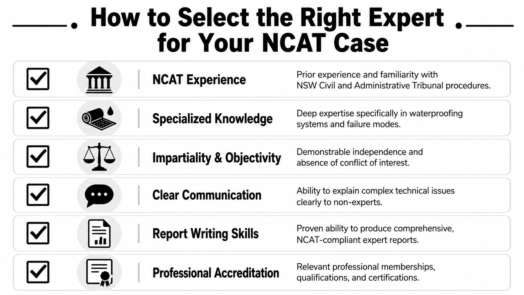 A list of six key criteria for selecting the right waterproofing expert witness for NCAT cases.