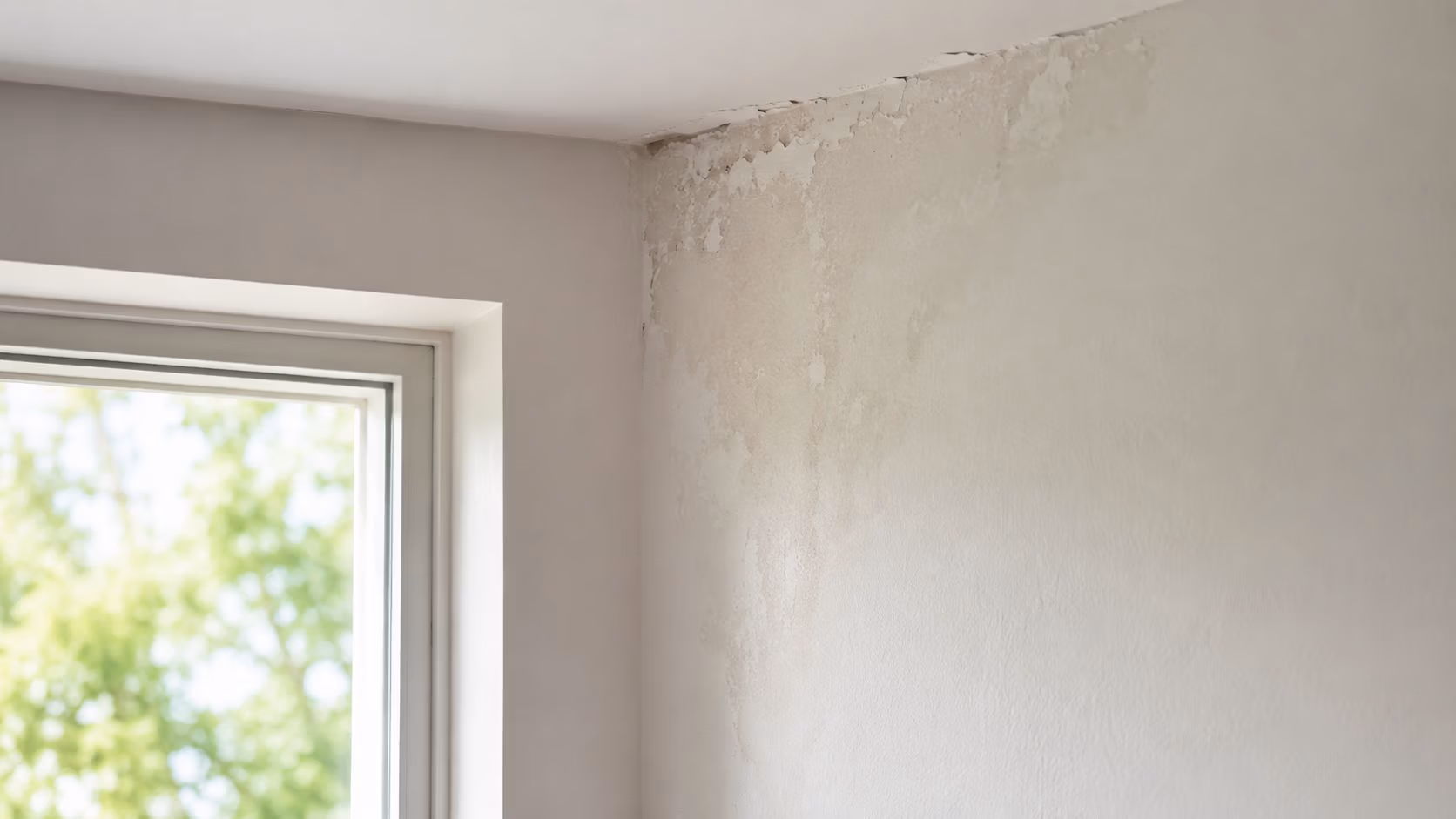 A close-up view of interior wall water damage and peeling paint near a window corner.