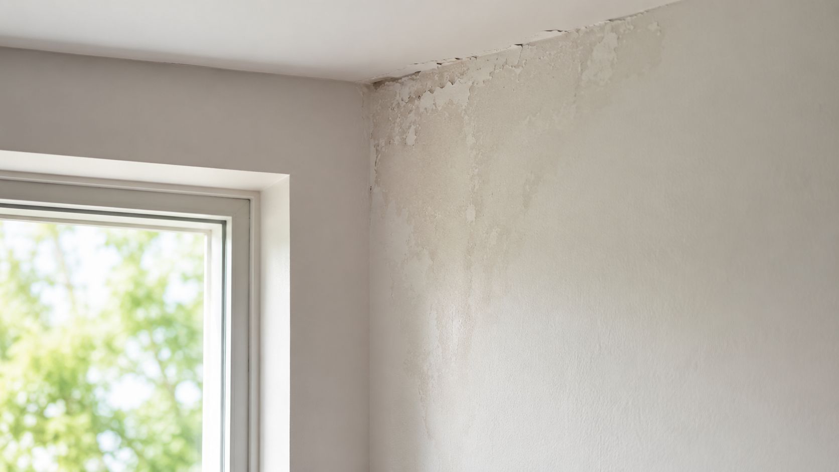 A close-up view of interior wall water damage and peeling paint near a window corner.