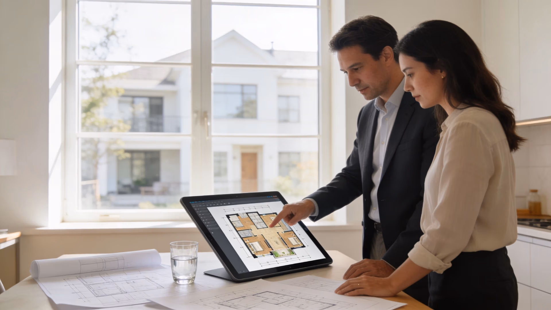 A professional man and woman review a house floor plan on a tablet in a bright office.