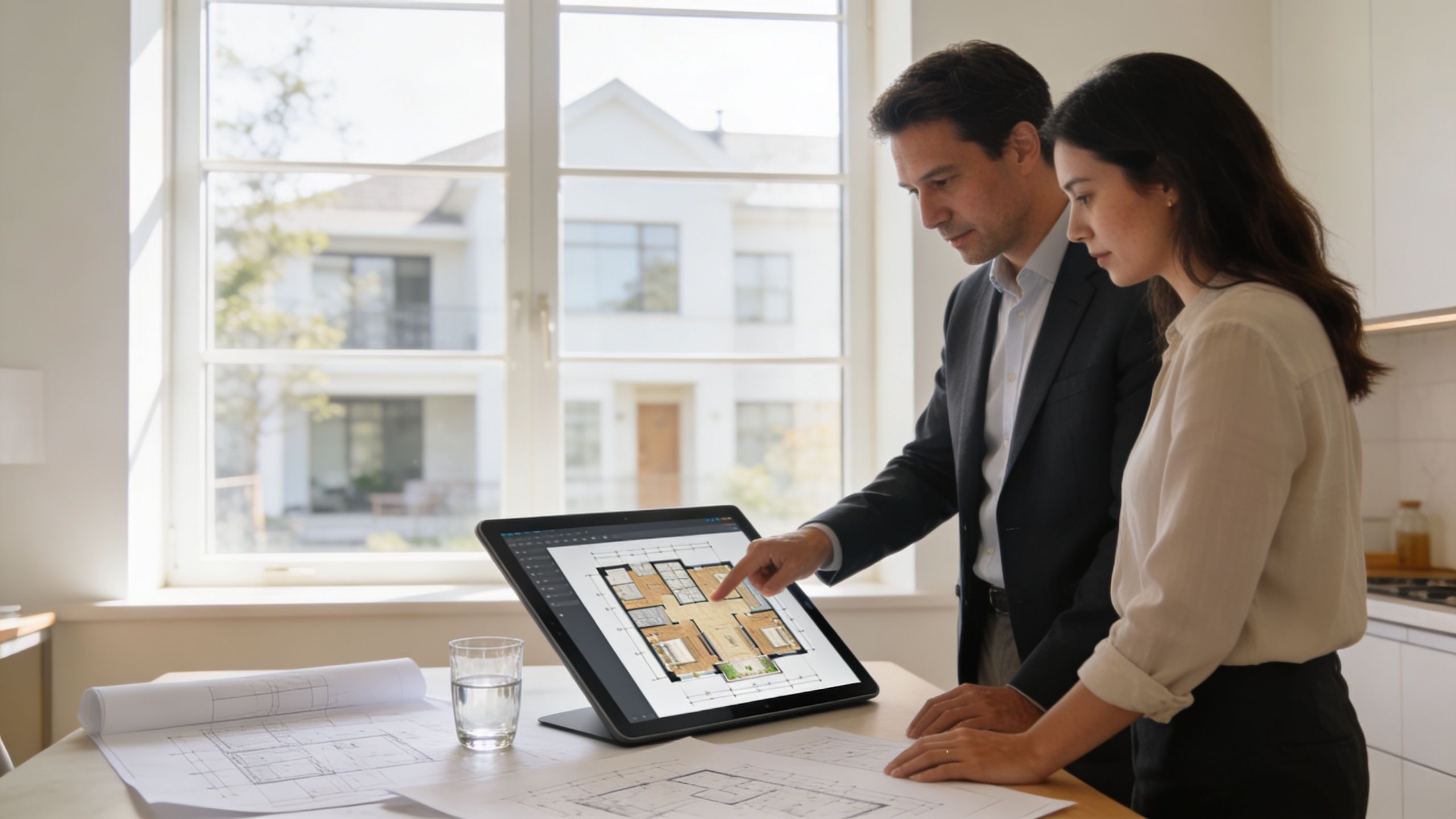 A professional man and woman review a house floor plan on a tablet in a bright office.