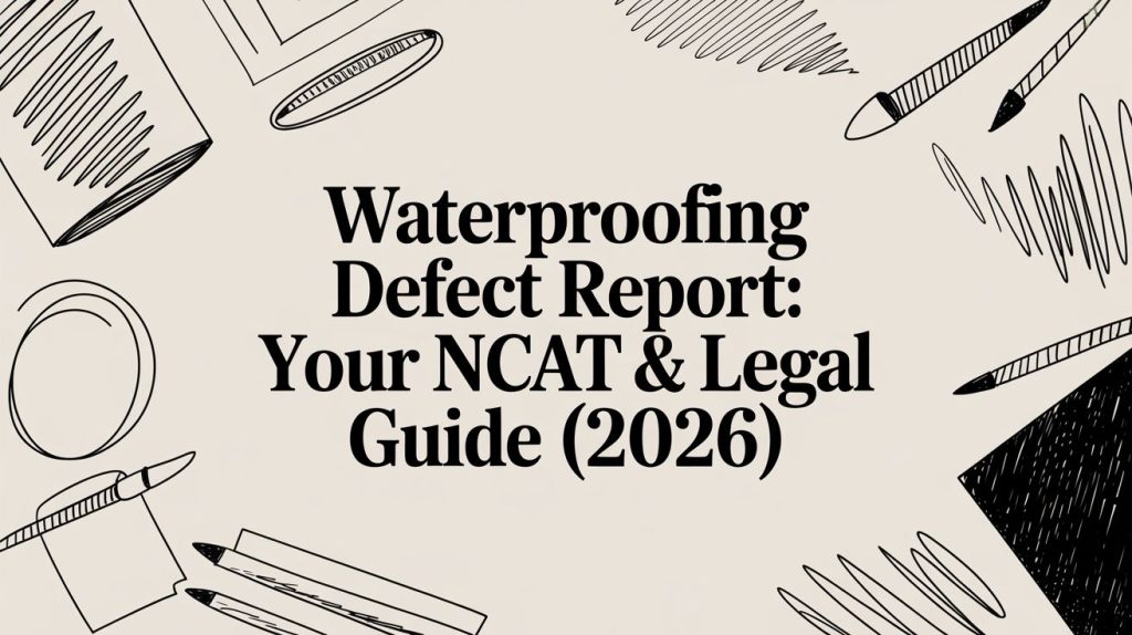 Cover image announcing a guide: 'Waterproofing Defect Report: Your NCAT & Legal Guide (2026)' with hand-drawn drafting tools around the border.