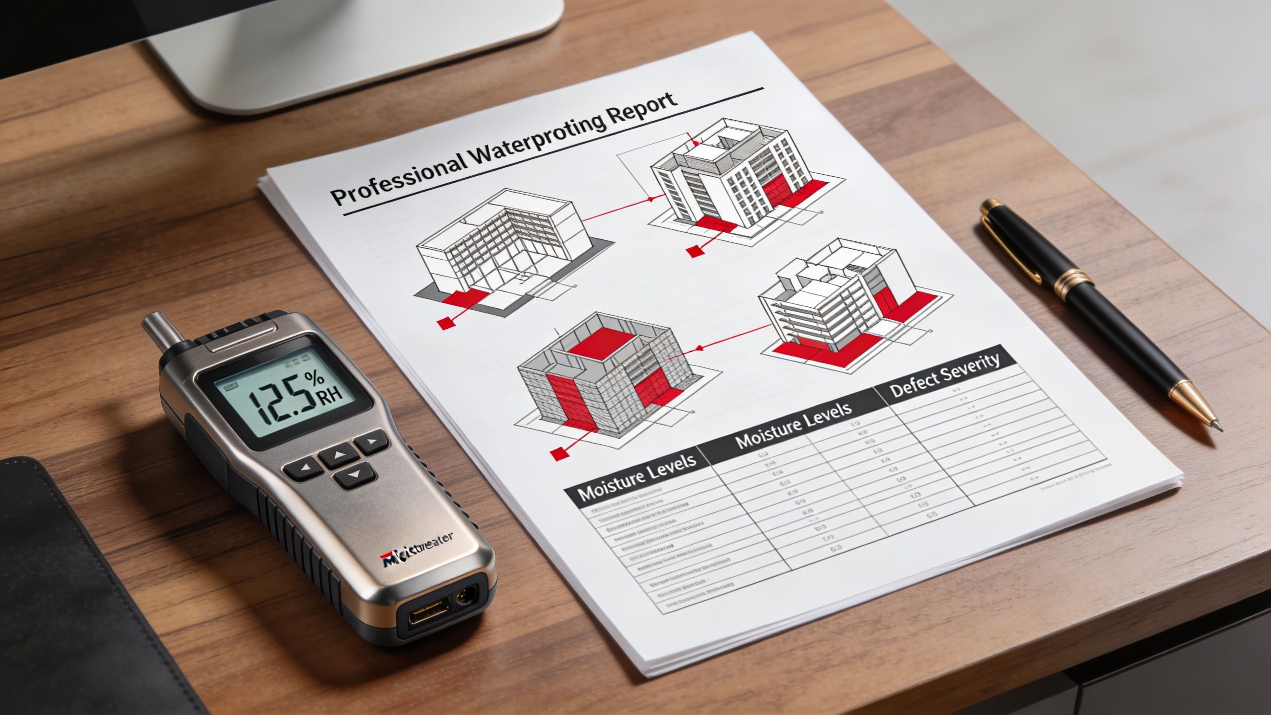 A professional waterproofing report document sits on a wooden desk alongside a digital moisture meter and pen.