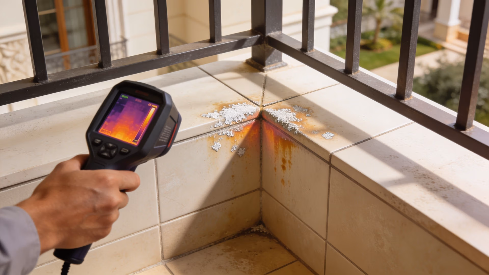 A thermal imaging camera scans for moisture and defects on a stone balcony corner with corrosion.