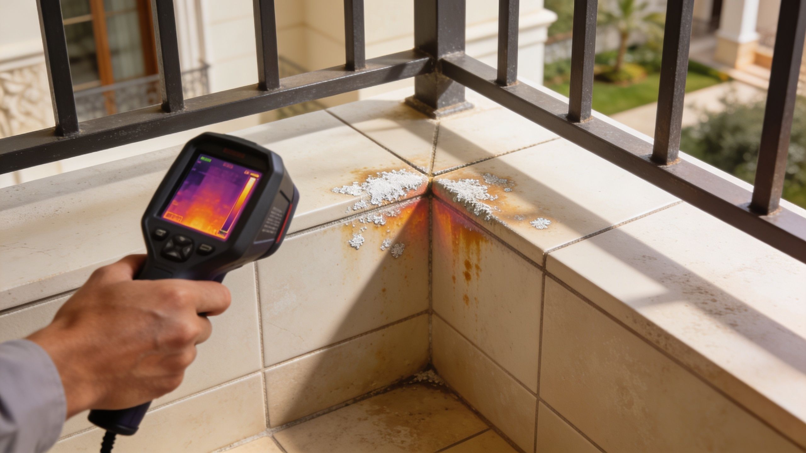 A thermal imaging camera scans for moisture and defects on a stone balcony corner with corrosion.