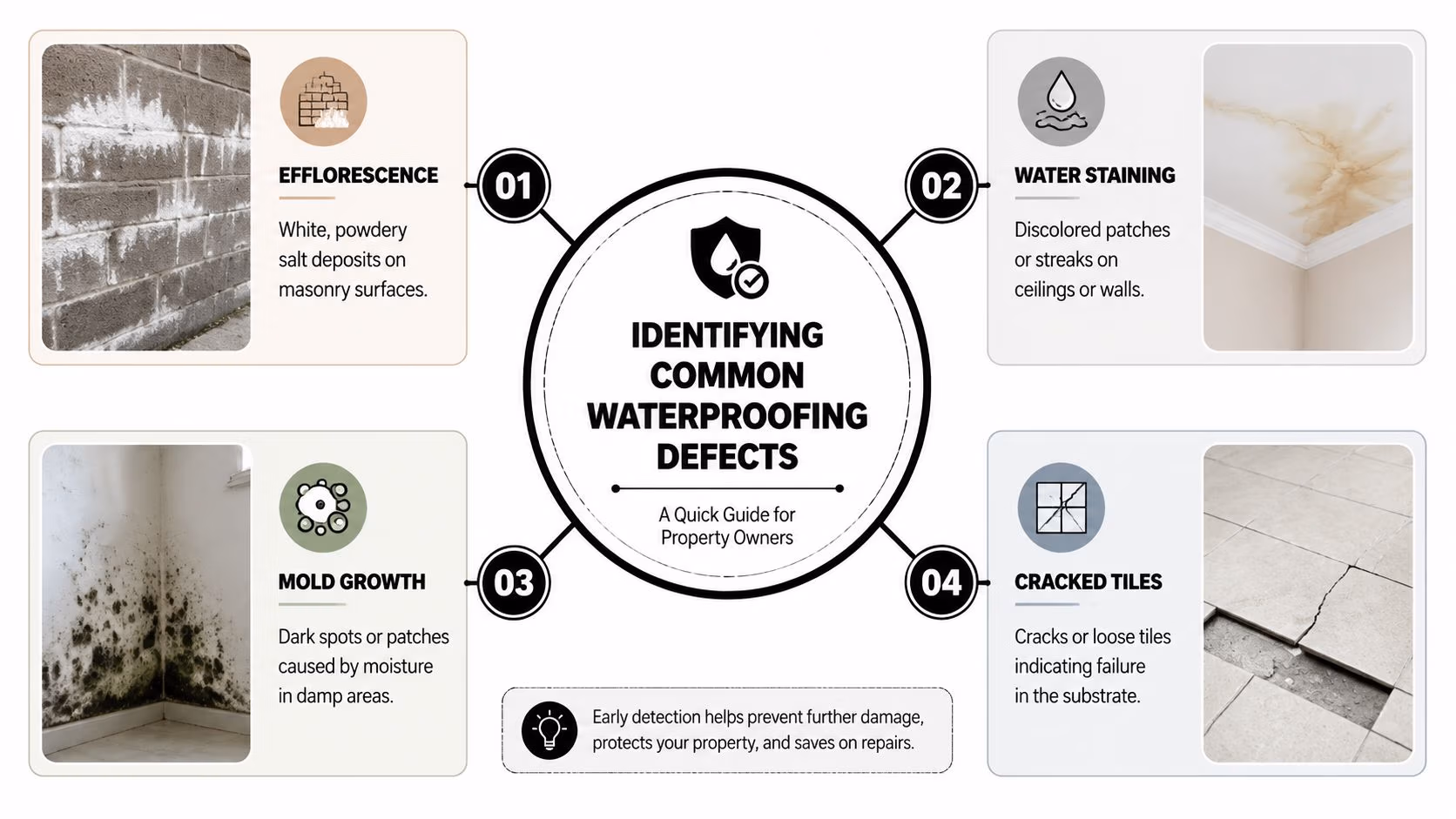 An infographic titled Identifying Common Waterproofing Defects detailing signs like efflorescence, water staining, mold, and cracked tiles.