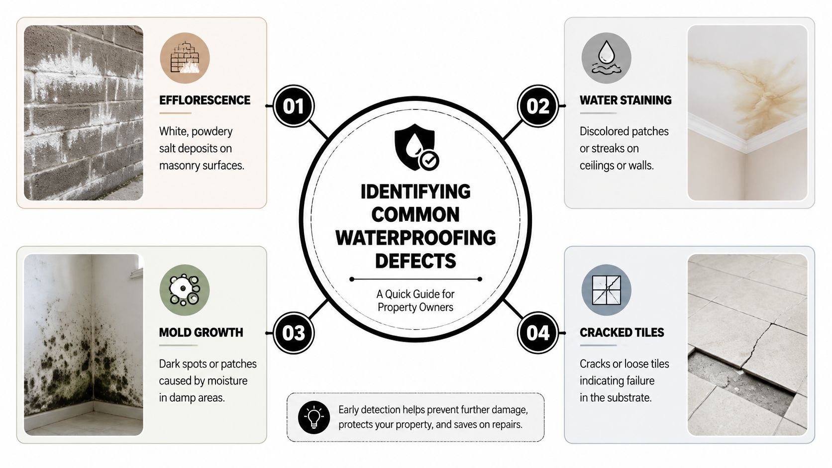 An infographic titled Identifying Common Waterproofing Defects detailing signs like efflorescence, water staining, mold, and cracked tiles.