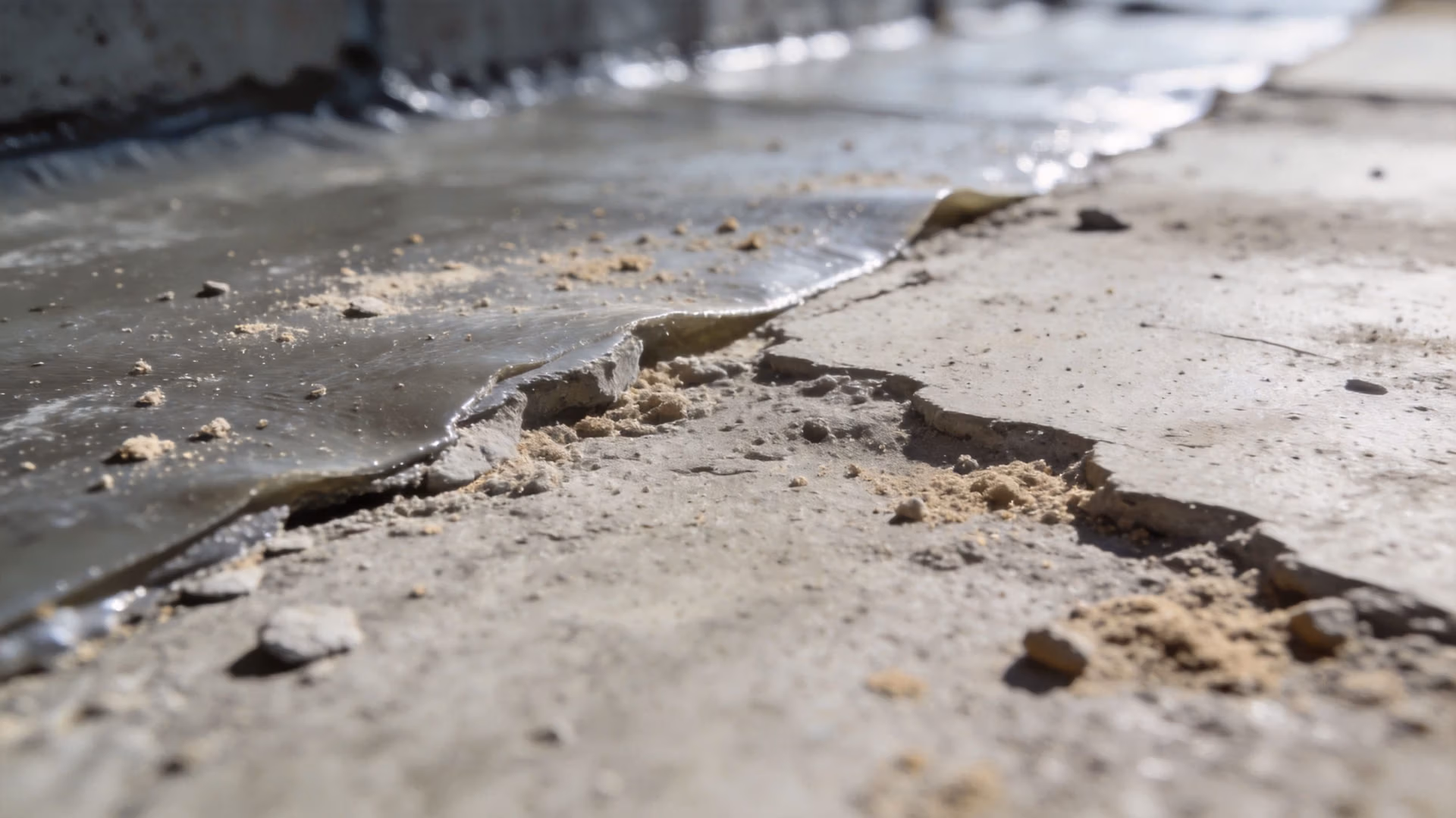 A close-up view of damaged waterproofing membrane layers on a concrete surface showing cracks and degradation.