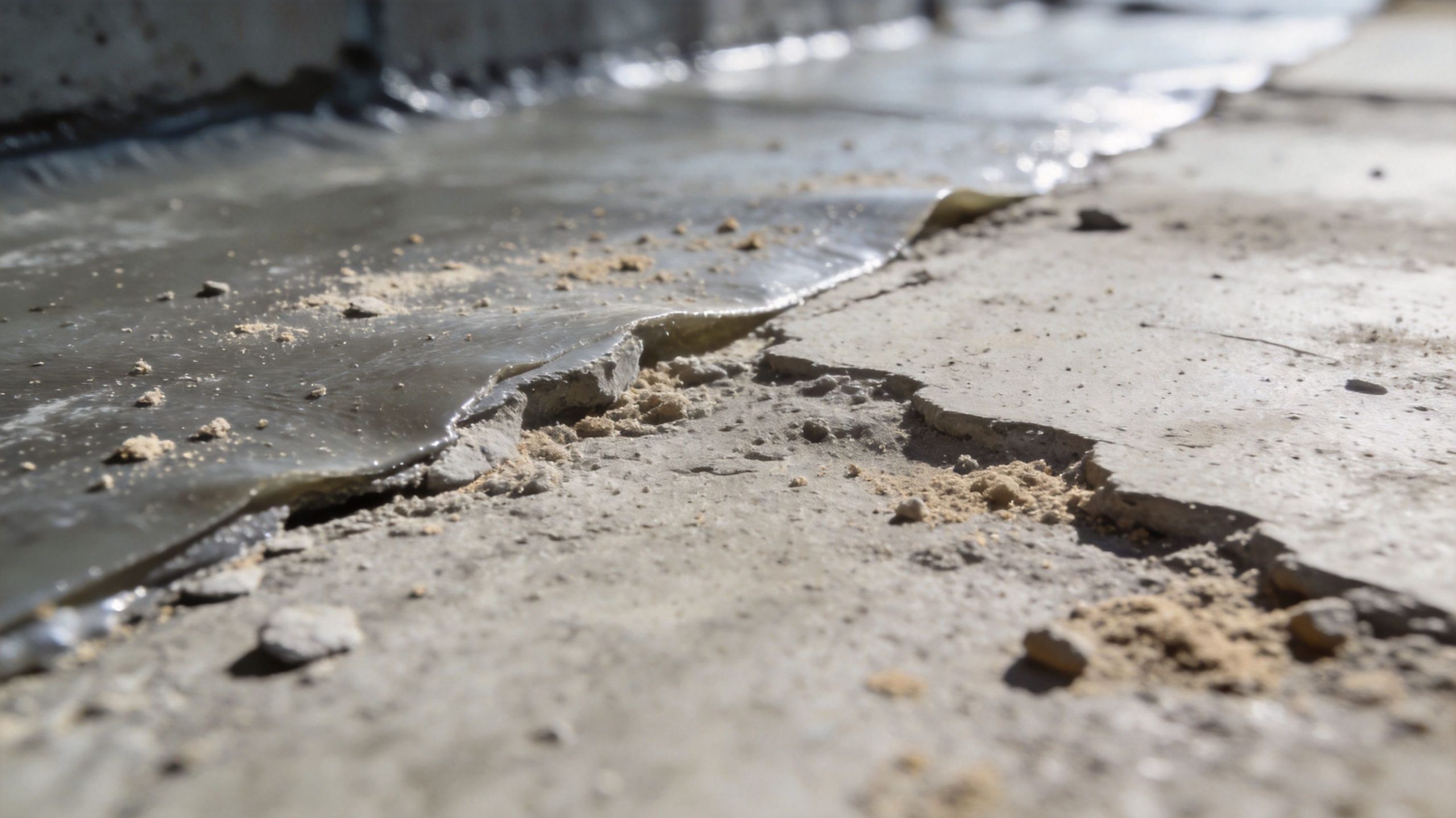A close-up view of damaged waterproofing membrane layers on a concrete surface showing cracks and degradation.