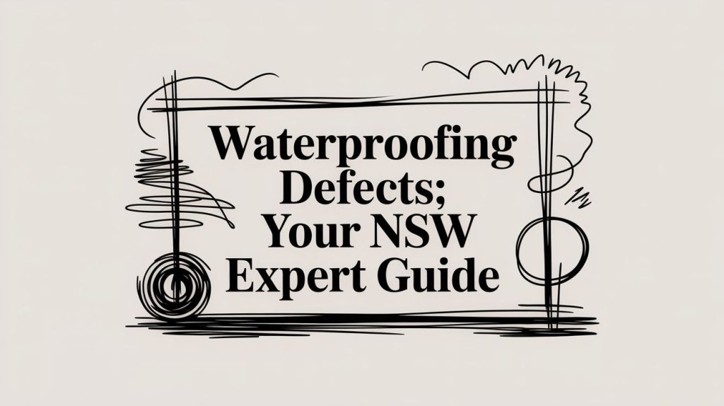 Title card reading 'Waterproofing Defects; Your NSW Expert Guide' with abstract black line-art border outside the text area, on a pale background.