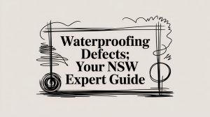 Title card reading 'Waterproofing Defects; Your NSW Expert Guide' with abstract black line-art border outside the text area, on a pale background.