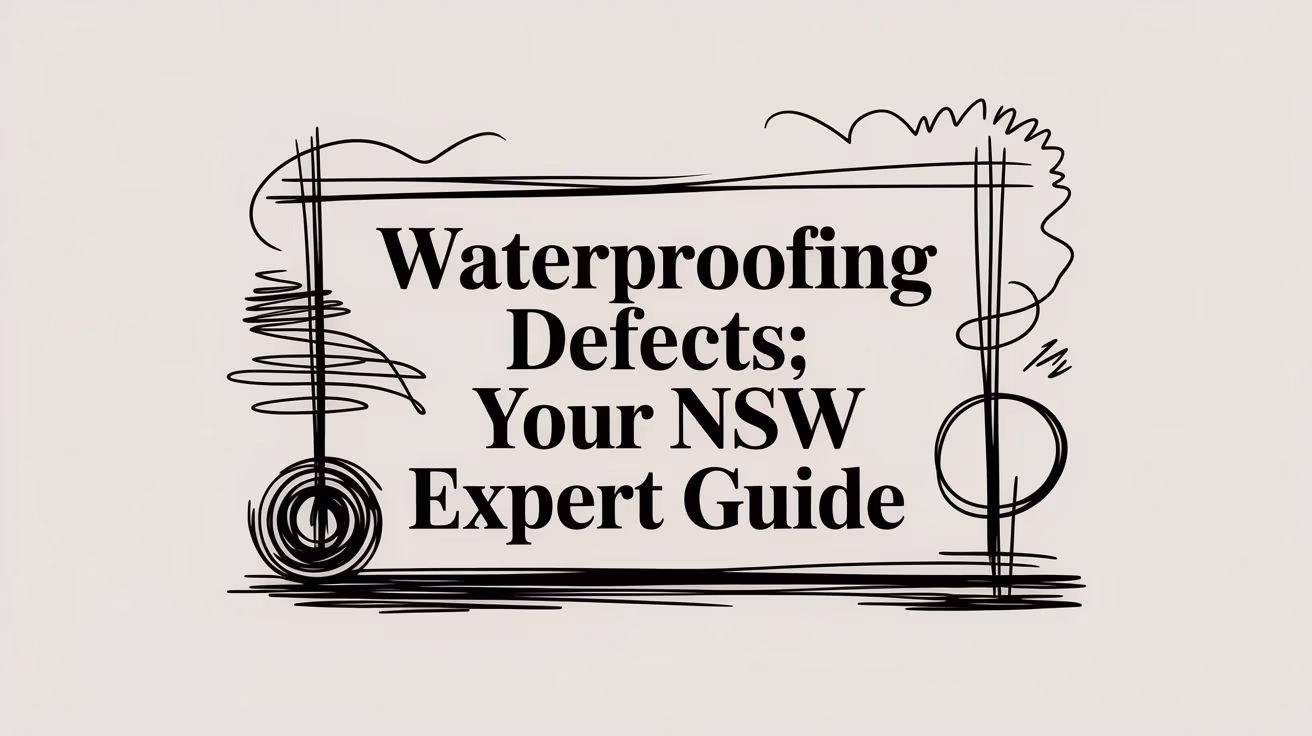 Title card reading 'Waterproofing Defects; Your NSW Expert Guide' with abstract black line-art border outside the text area, on a pale background.