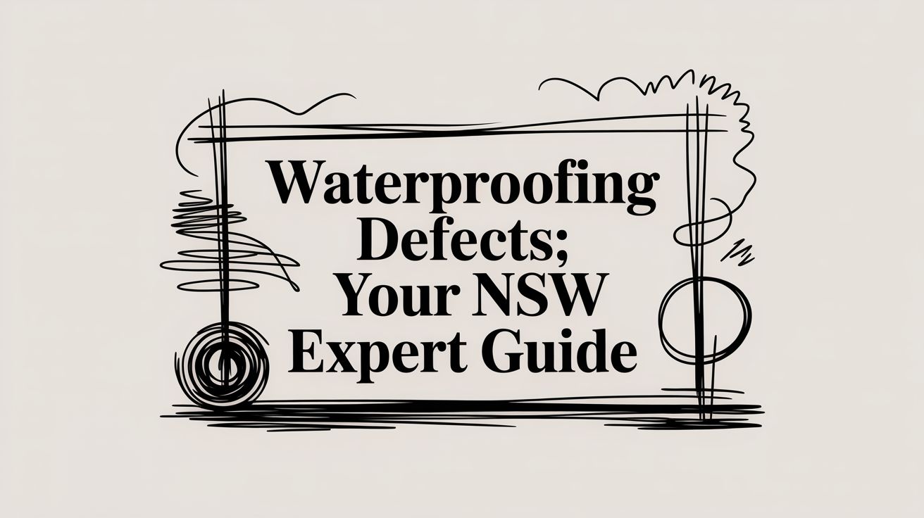Title card reading 'Waterproofing Defects; Your NSW Expert Guide' with abstract black line-art border outside the text area, on a pale background.