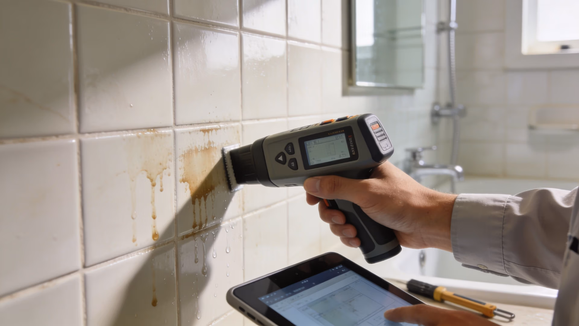 A professional inspector using a moisture meter on tiled bathroom walls to identify potential waterproofing defects.