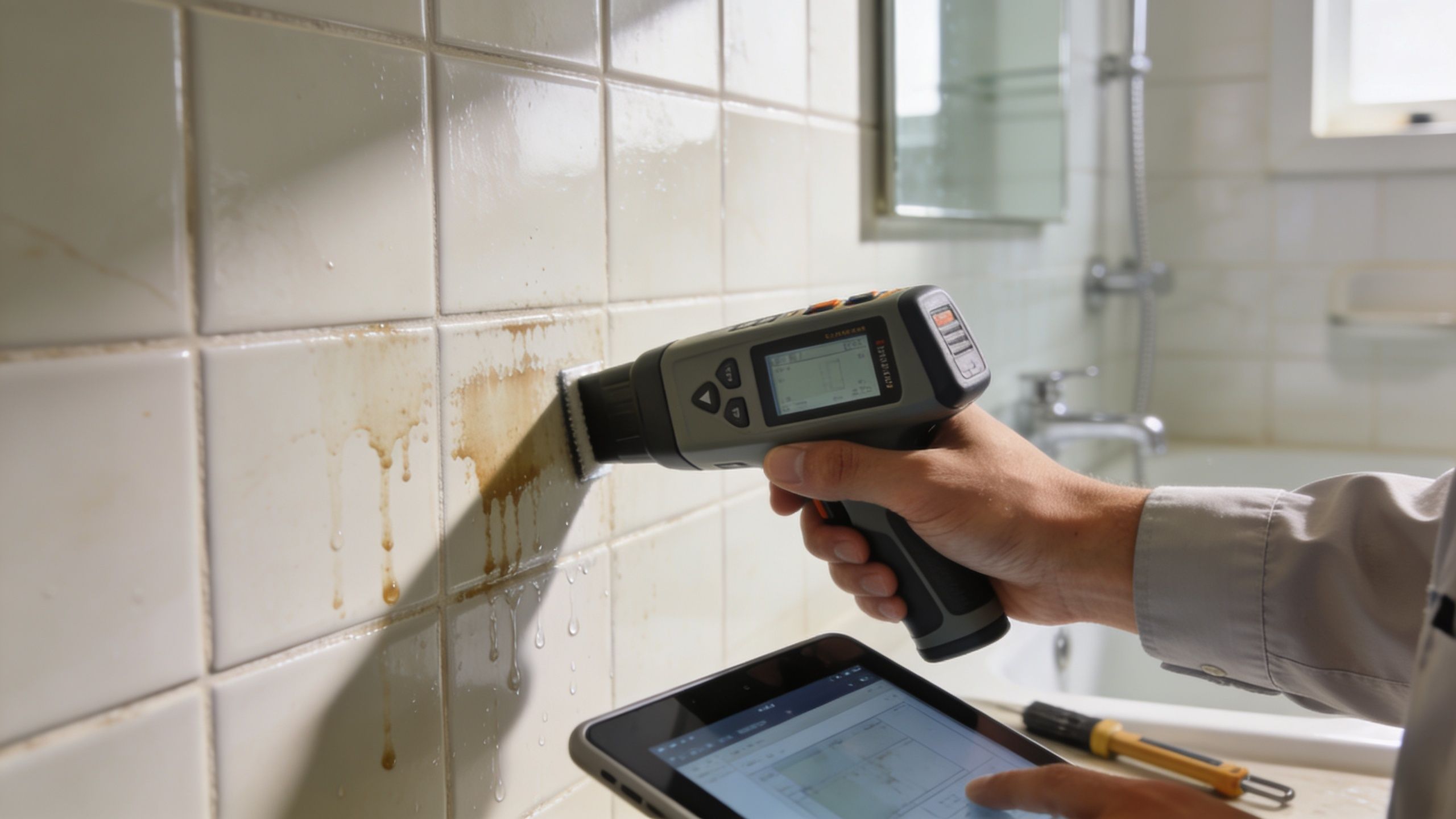 A professional inspector using a moisture meter on tiled bathroom walls to identify potential waterproofing defects.