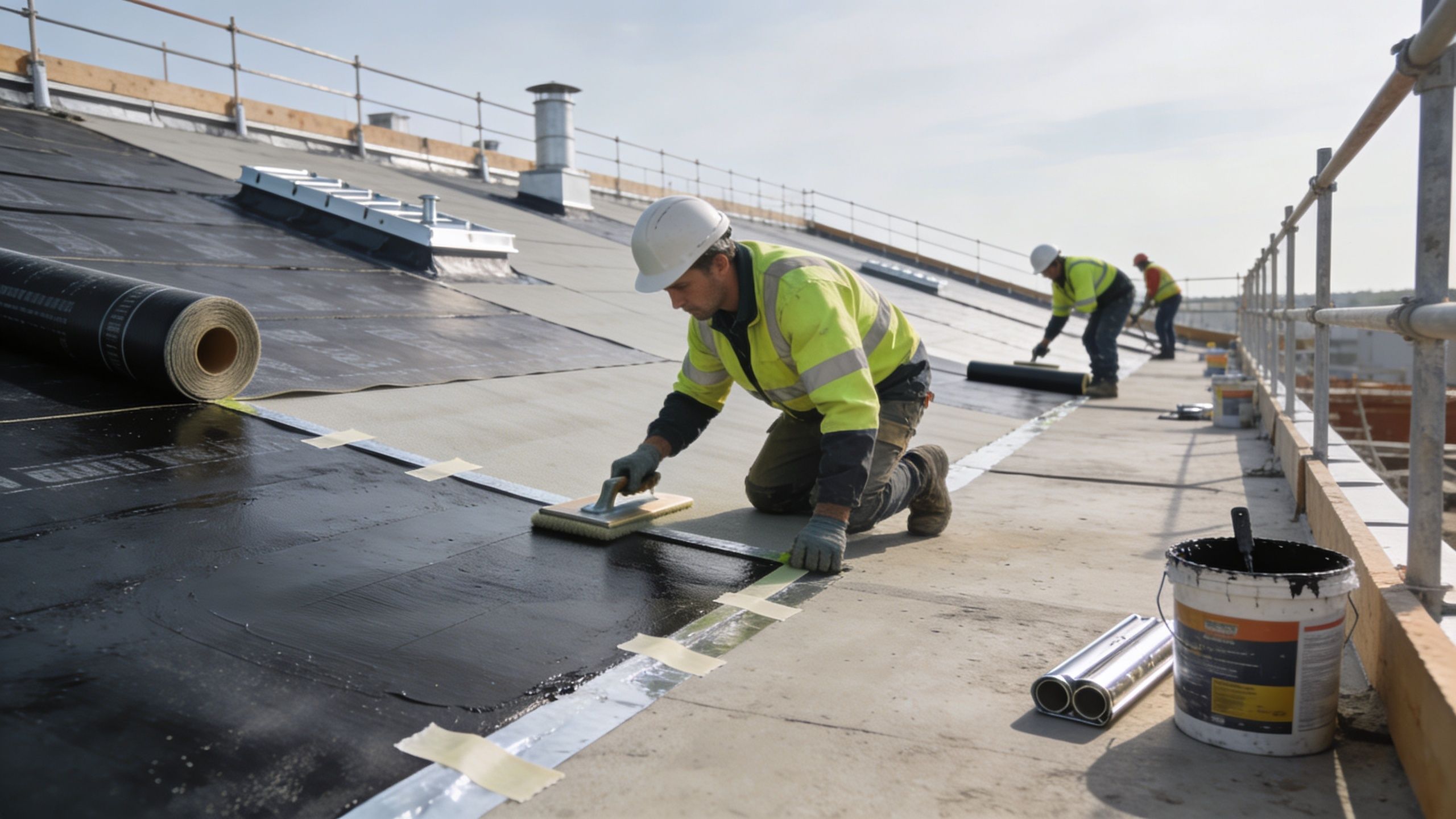 Construction workers applying waterproof roofing material to a flat roof with protective gear and tools.