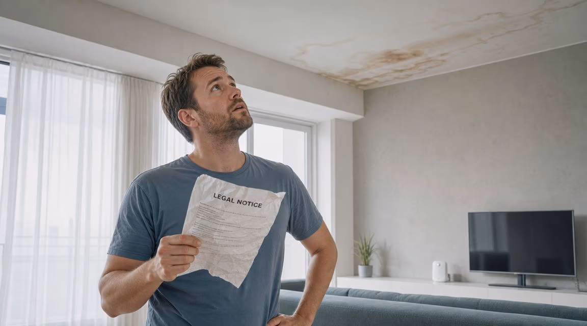 A worried man holding a legal notice while looking up at a large water stain on the ceiling.