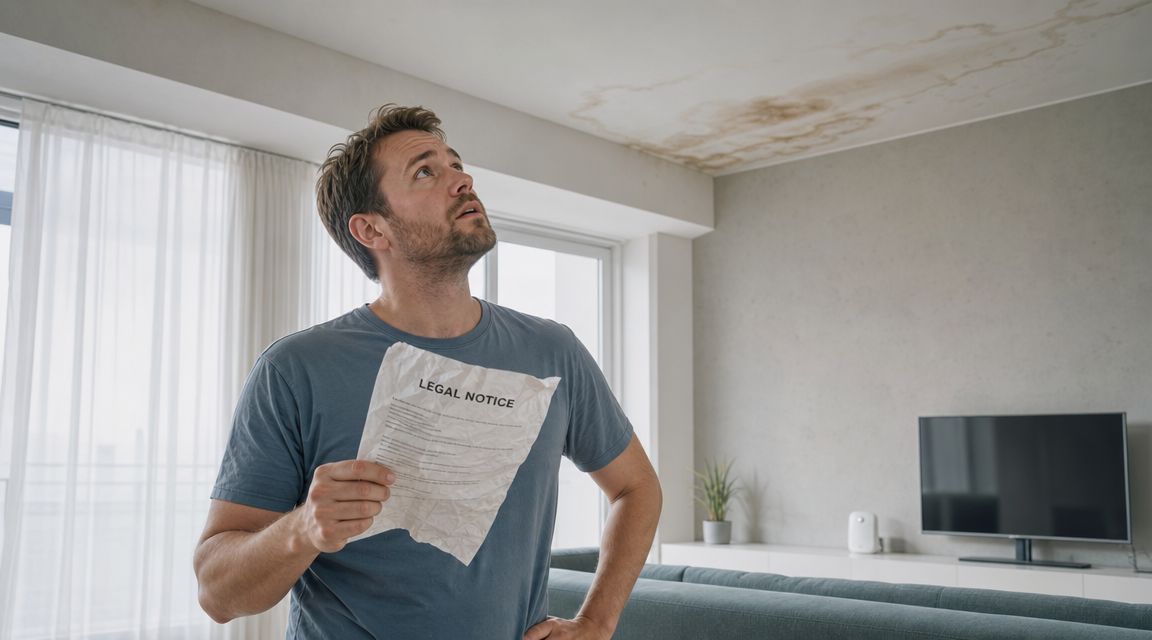 A worried man holding a legal notice while looking up at a large water stain on the ceiling.