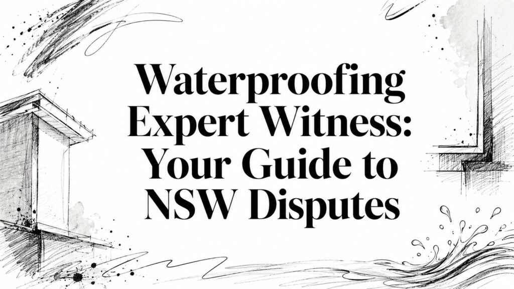 Hero header: 'Waterproofing Expert Witness: Your Guide to NSW Disputes' with black ink architectural sketches within a white background.