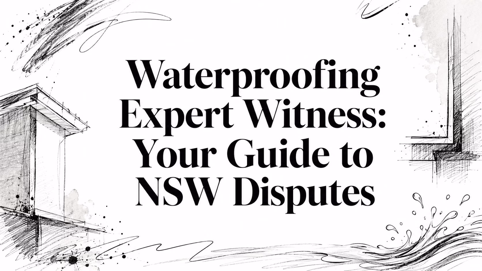 Hero header: 'Waterproofing Expert Witness: Your Guide to NSW Disputes' with black ink architectural sketches within a white background.