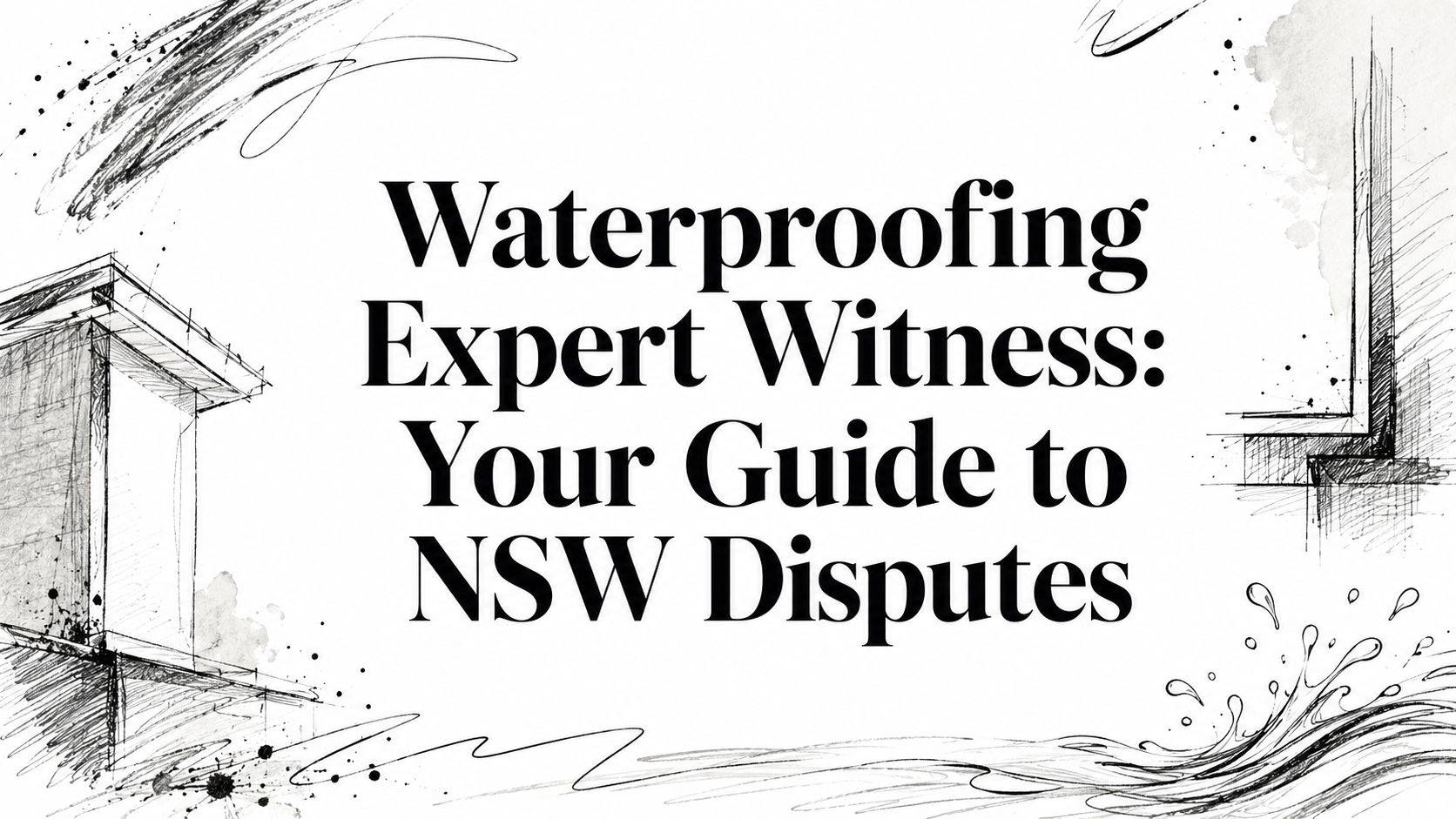 Hero header: 'Waterproofing Expert Witness: Your Guide to NSW Disputes' with black ink architectural sketches within a white background.