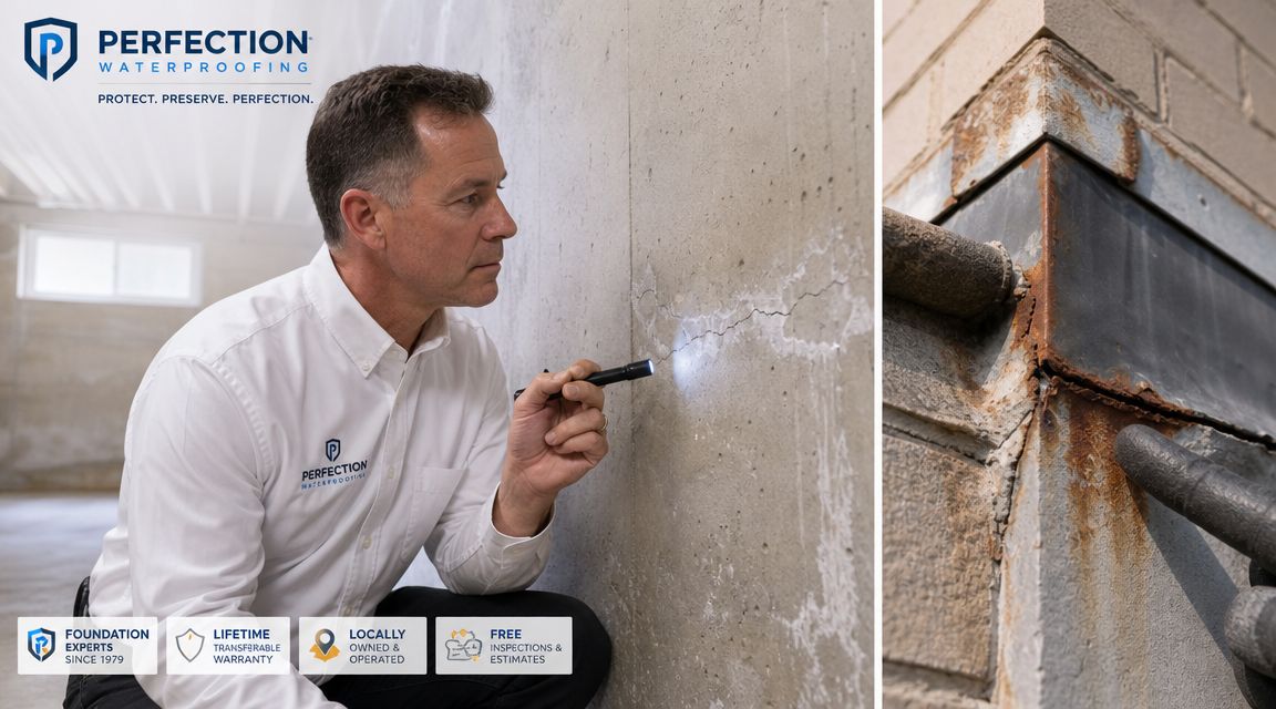 A waterproofing professional inspecting a concrete wall crack alongside a close-up of rusted exterior structural damage.