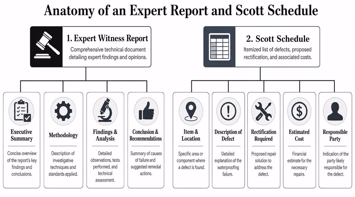 A diagram illustrating the anatomy of an expert witness report and a Scott schedule for waterproofing.
