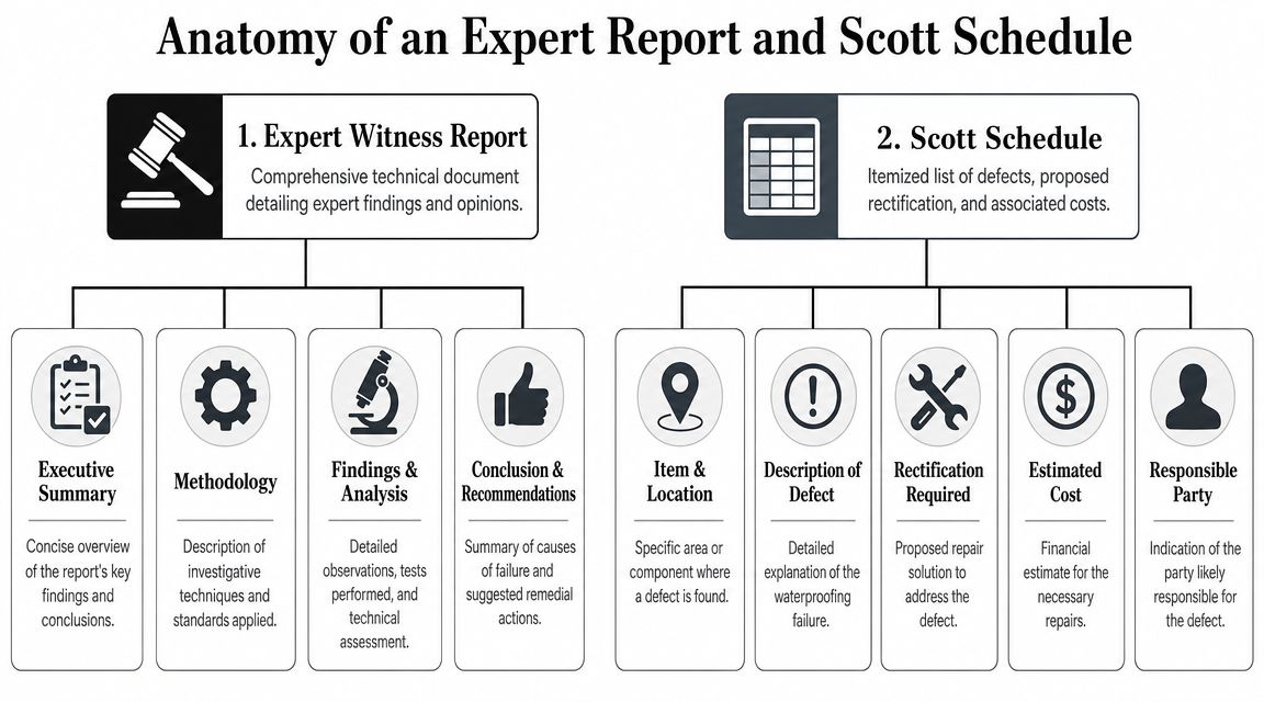A diagram illustrating the anatomy of an expert witness report and a Scott schedule for waterproofing.