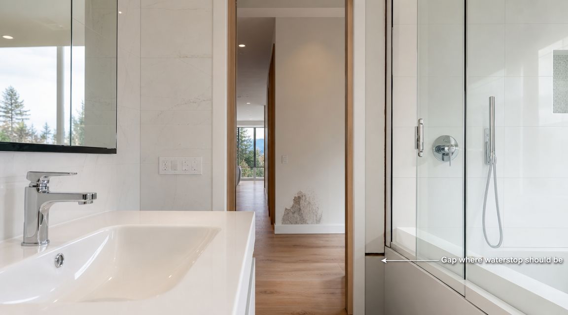 A modern bathroom showing a water leak stain on the wall and a missing shower waterstop seal.