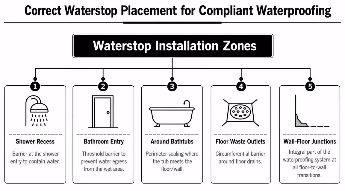 A diagram illustrating five essential installation zones for waterstops in bathrooms to ensure effective waterproof compliance.