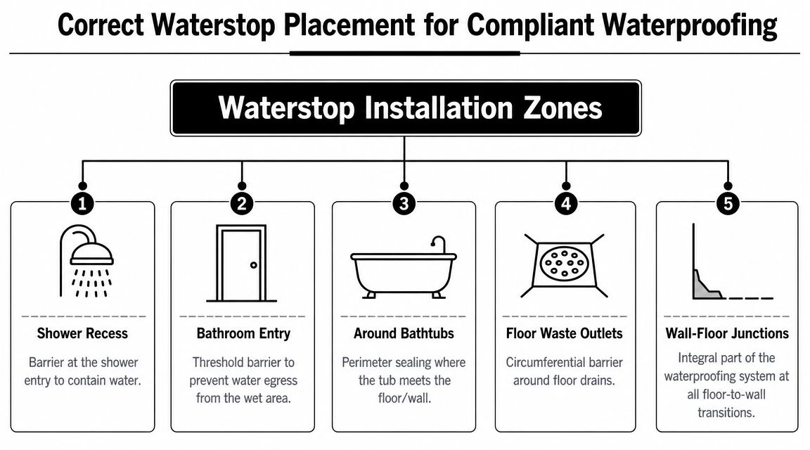 A diagram illustrating five essential installation zones for waterstops in bathrooms to ensure effective waterproof compliance.