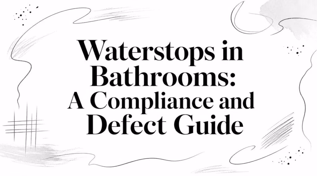 waterstops-in-bathrooms-presentation-slide - Large serif title reads 'Waterstops in Bathrooms: A Compliance and Defect Guide' with abstract brush strokes and dots around a white background.