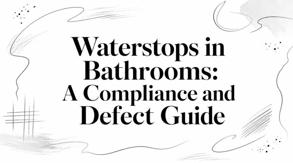 Large serif title reads 'Waterstops in Bathrooms: A Compliance and Defect Guide' with abstract brush strokes and dots around a white background.