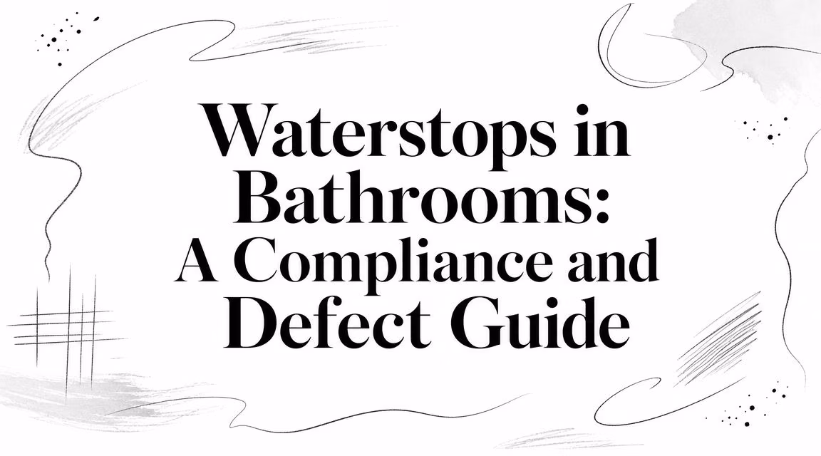 Large serif title reads 'Waterstops in Bathrooms: A Compliance and Defect Guide' with abstract brush strokes and dots around a white background.