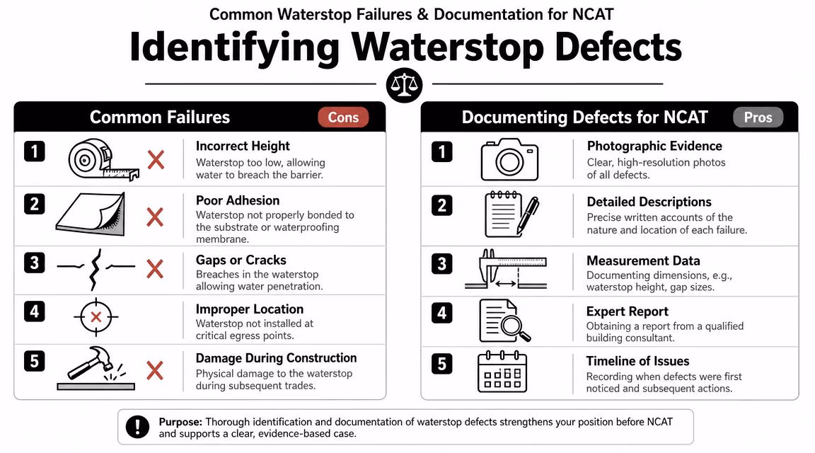 An infographic detailing common waterstop installation failures and the necessary documentation for NCAT dispute cases.